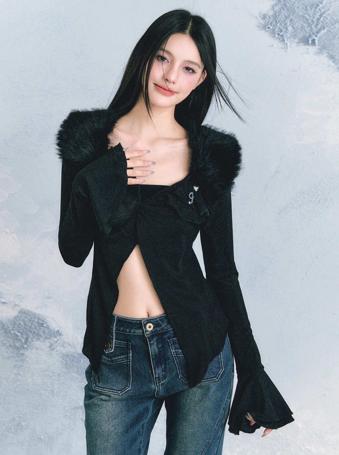 Splicing Fur Knit Slit Cardigan