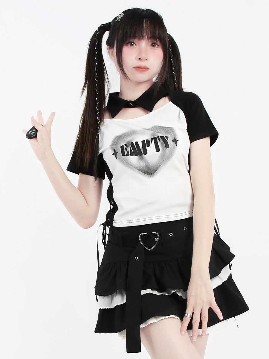 Black White Heart Print Split Polo Collar Top T-Shirt