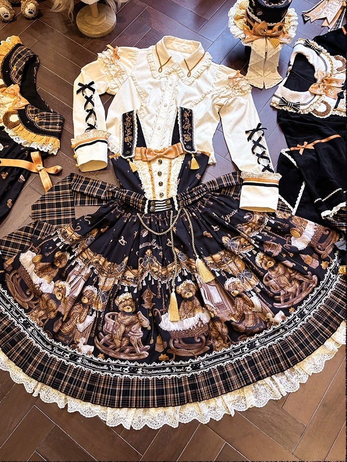 [Vorbestellschluss am 98] Klassische Lolita-Bluse mit Spitzenband+Antike Bären-Schleifen-Rosetten-Schärpe