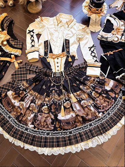[Reservierungsschluss 8. September] Classic Bear Lolita-Stufenkleid mit weißem Kragen, Karomuster, Spitze und Schleife+Vintage-JSK-Kleid mit Teddybär-Print und Spitze+Vintage-Lolita-Kleid mit Teddybär-Print, Karokragen und klassischem Karomuster