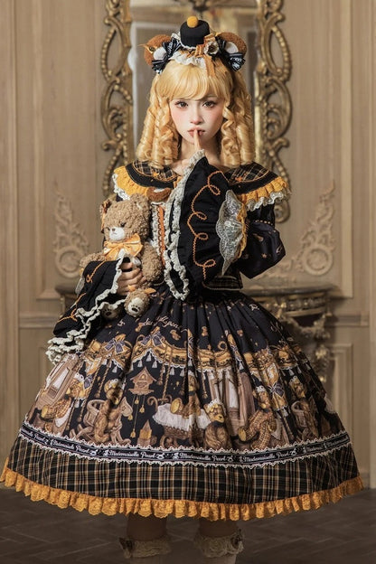 [Reservierungsschluss 8. September] Classic Bear Lolita-Stufenkleid mit weißem Kragen, Karomuster, Spitze und Schleife+Vintage-JSK-Kleid mit Teddybär-Print und Spitze+Vintage-Lolita-Kleid mit Teddybär-Print, Karokragen und klassischem Karomuster