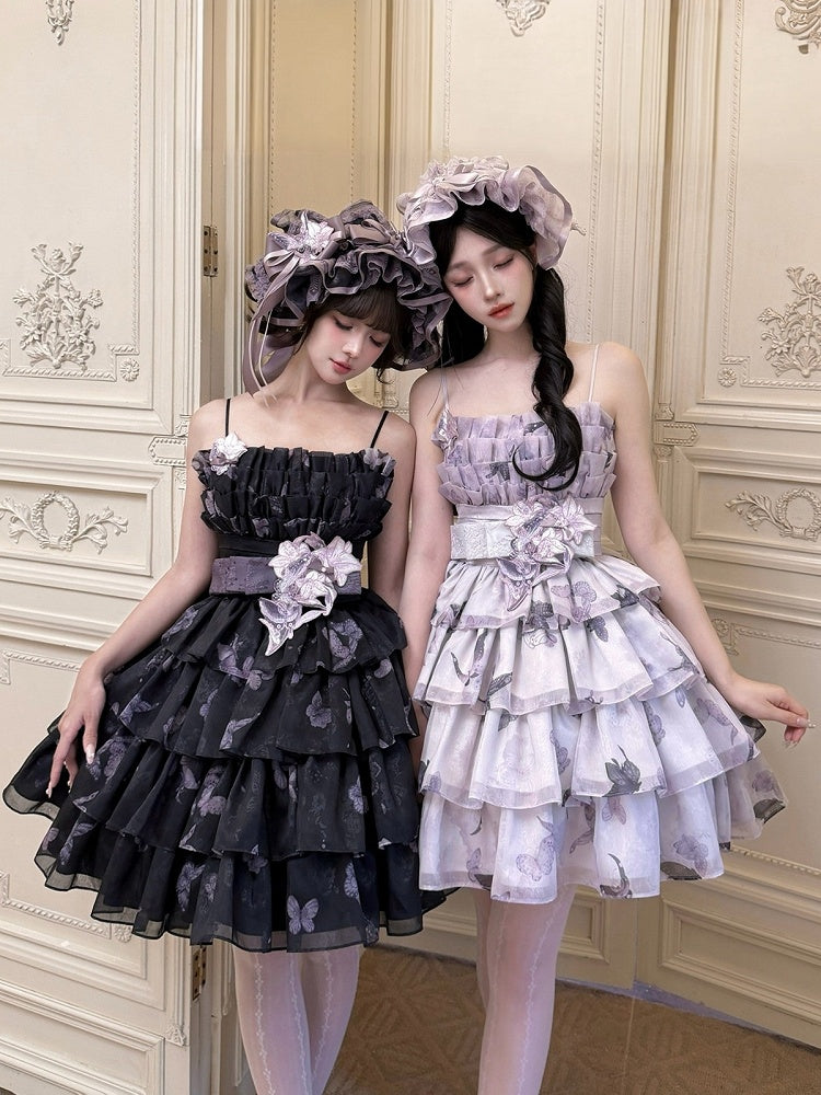 [Scadenza prenotazione 98] Mini abito dolce Lolita a balze con ricamo di gigli, fiocco e farfalla Black x Purple / White x Purple