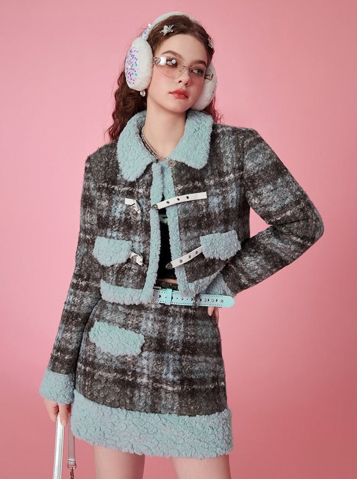 Retro Girl Check Boa Coat + Check Boa Skirt