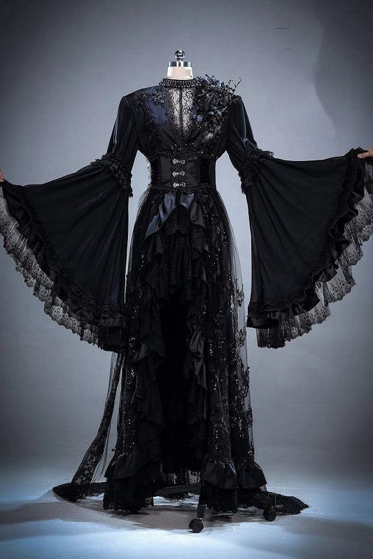 [Pre-order Deadline: July 8] White/Black Victorian Gothic Lace Bell-Sleeve Gorgeous Dress + Corset + Train + Flower & Chain Accessories