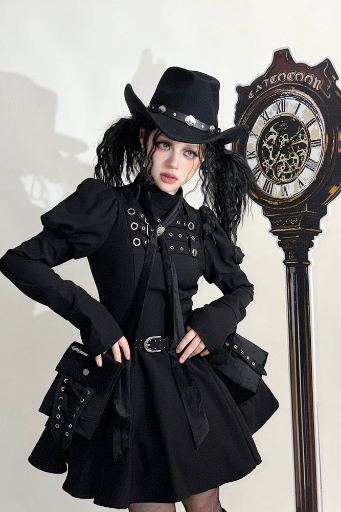 [Scadenza prenotazioni 6 novembre] Abito da bambola steampunk marrone x gothic mode nero con fibbia, collo alto e maniche lunghe a sbuffo