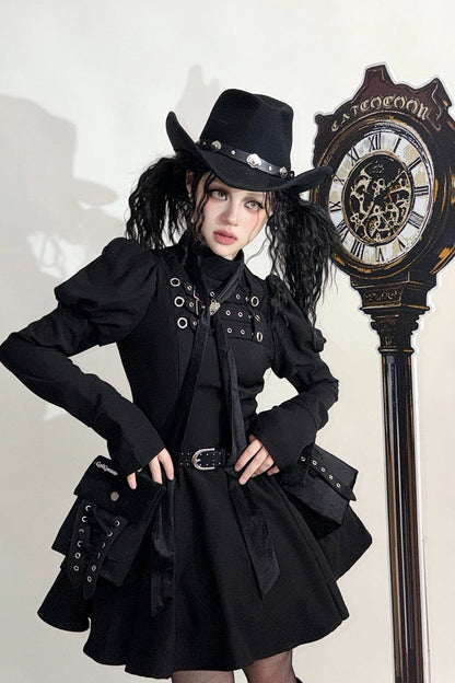 [Scadenza prenotazioni 6 novembre] Abito da bambola steampunk marrone x gothic mode nero con fibbia, collo alto e maniche lunghe a sbuffo