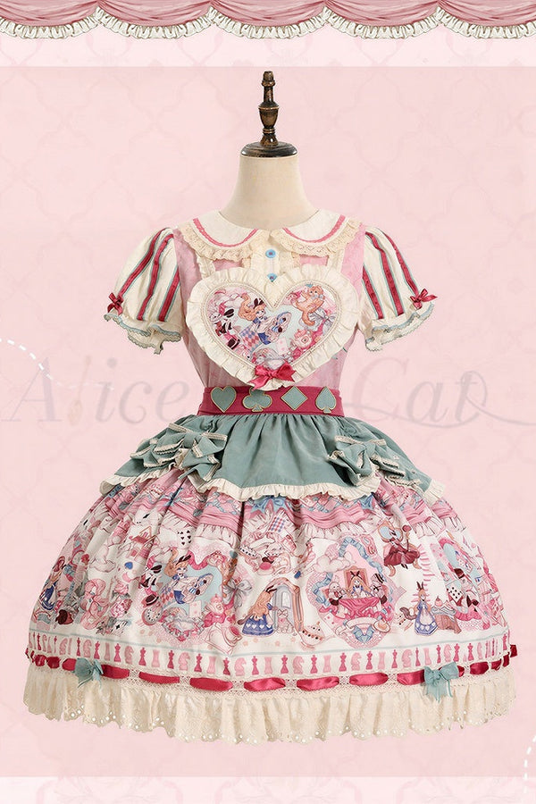 [Pre-order Deadline: July 1] Pink x Green Alice Cat Sweet Lolita Puff Sleeve OP Dress (with Ribbon Apron and Playing Card Motif Waist Belt)