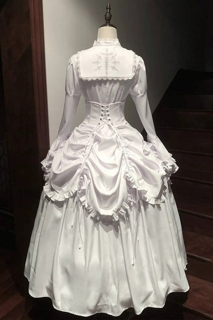 [Termine prenotazione 30 maggio] Abito gothic lolita bianco e nero con maniche svasate + sopragonna a corsetto rialzabile con croci + set completo
