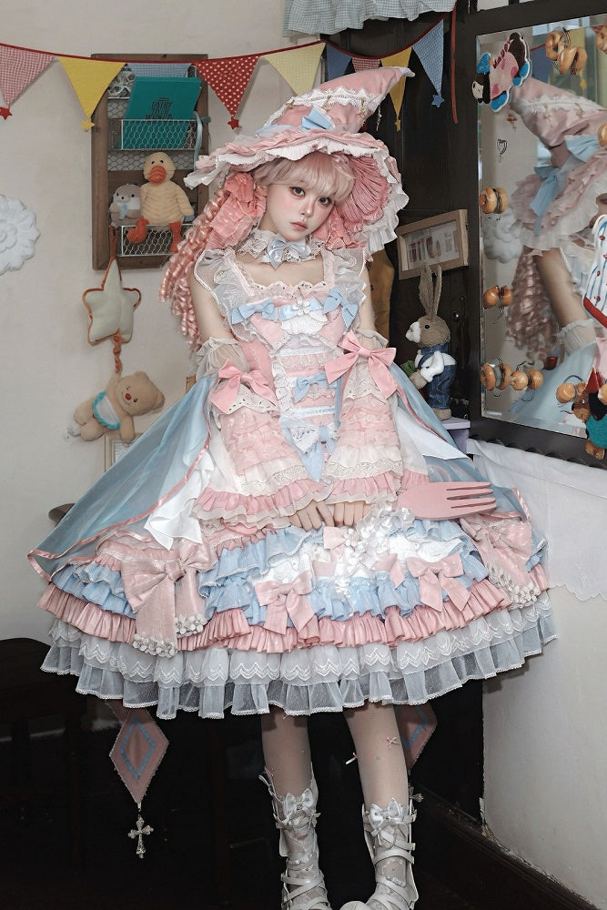 [Cierre de reserva el 14 de septiembre] Conjunto completo Fantasy Sweet Witch de vestido JSK cruzado + cola con lazo grande + capa con capucha + mangas desmontables + sombrero de bruja + mangas exteriores