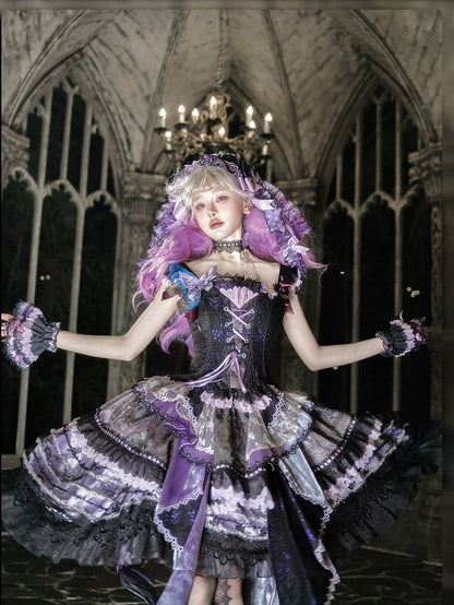 [Pre-order Deadline: August 29] Purple x Black Dark Gothic Butterfly Lace-Up Corset Bustier + Lace Ruffle Layered Skirt (with Front Ruffle Train) Matching Set + Dress Set 1/2/3