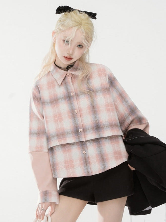 Cream Pink Check American Retro Loose Splicing Shirt