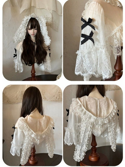 [Reservierungsschluss 18. August] Weiße Fairy-Lace-Rüschen-Lolita-Kapuzen-Shortjacke mit Hasenohren + Innenrock (Petticoat)