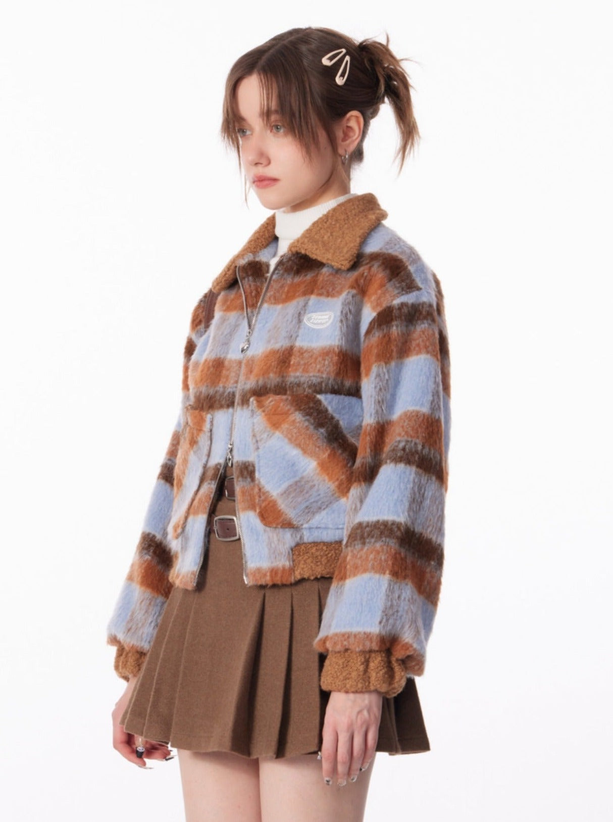 Check Blue Brown Short Jacket