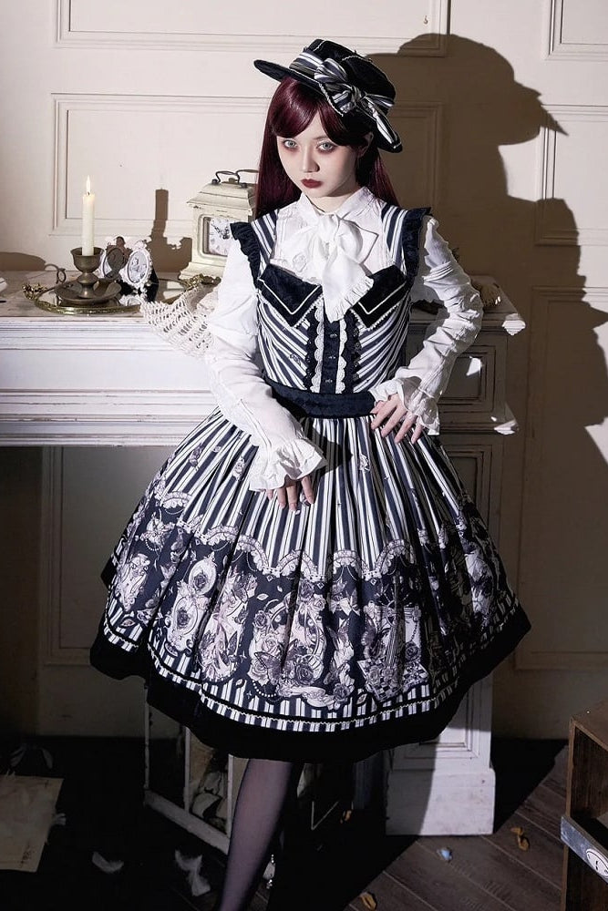 【10月3日予約締切】Black White Striped Gothic Rose Print JKS Dress(Short/Long)+ Low-Waist Square Neck Lace-Up JKS Dress