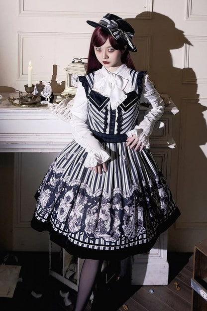 【10月3日予約締切】Black White Striped Gothic Rose Print JKS Dress(Short/Long)+ Low-Waist Square Neck Lace-Up JKS Dress