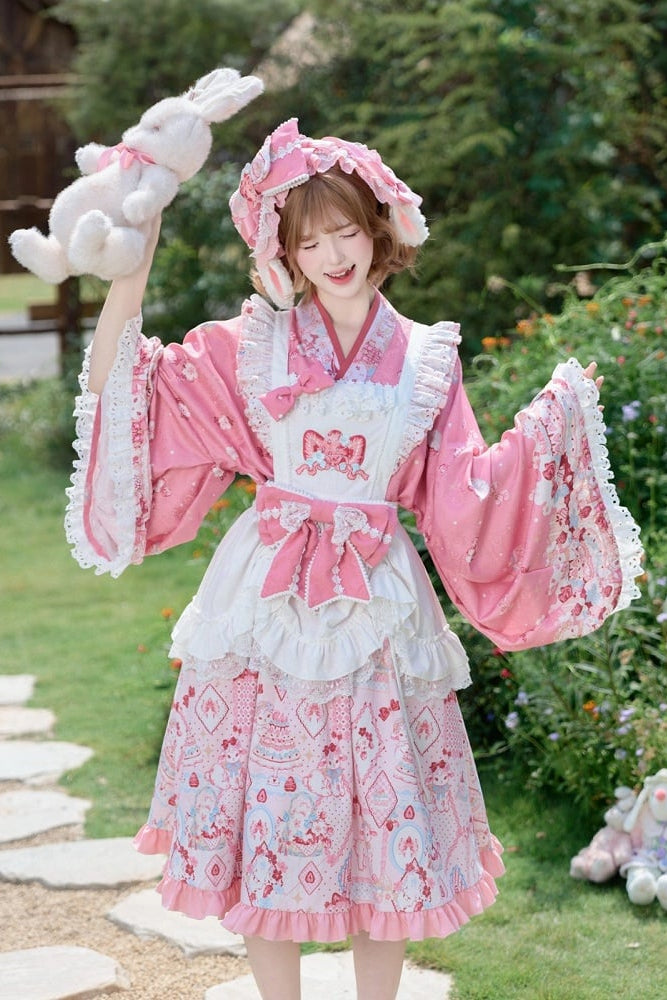 【10月21日予約締切】Pink/Blue Hanfu-inspired Little Lamb Tea Party Lace Wide Sleeve Blouse + Printed Ruffle Skirt + Pleated Mamian Skirt + Strawberry Embroidered Ribbon Lace Apron
