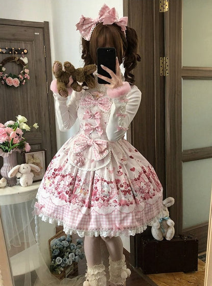 [Précommande jusqu'au 5 mai] Robe JSK à imprimé cerises roses, dentelle, ruban et tablier oreilles de lapin + accessoires