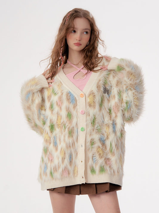 カラフルレオパードファーカーディガン