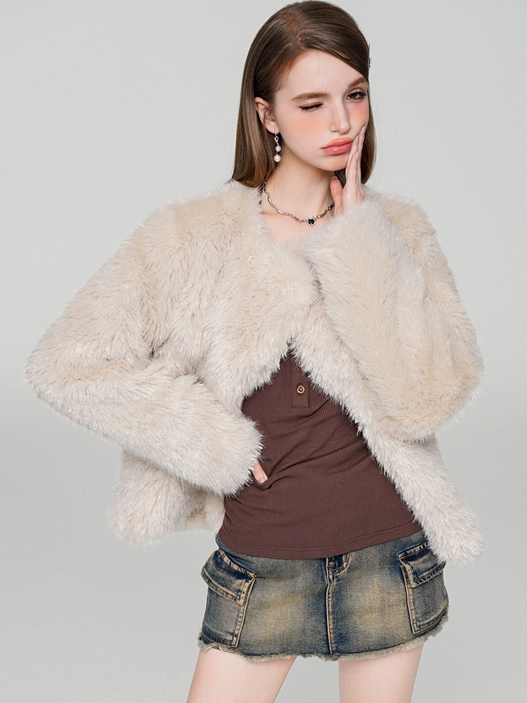 High-end collarless fur jacket