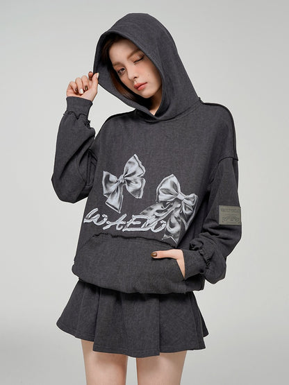 Ribbon Print Loose Sweatshirt Hoodie + Skirt