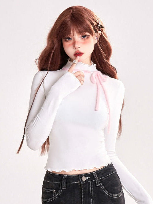 フリルリボンハーフタートルネックインナーレイヤードシャツトップス