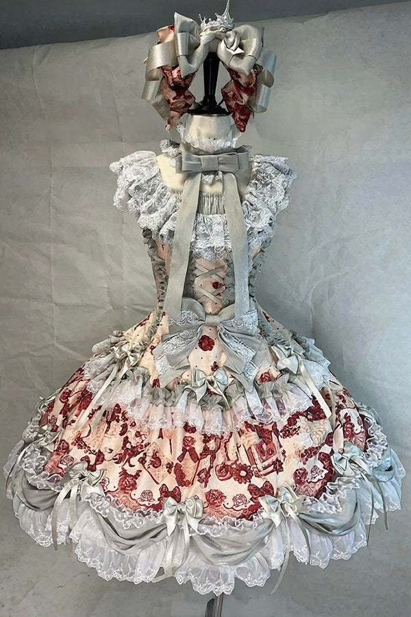 【9月28日予約締切】Silver Gray x Red / Pink x Blue Alice Classical Lolita Print Froral Frill Ribbon Dress＋KC Set