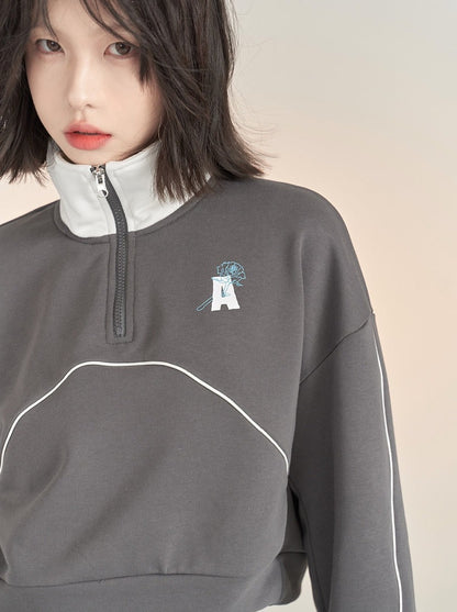 Half Zip Stand Collar Short Sweatshirt