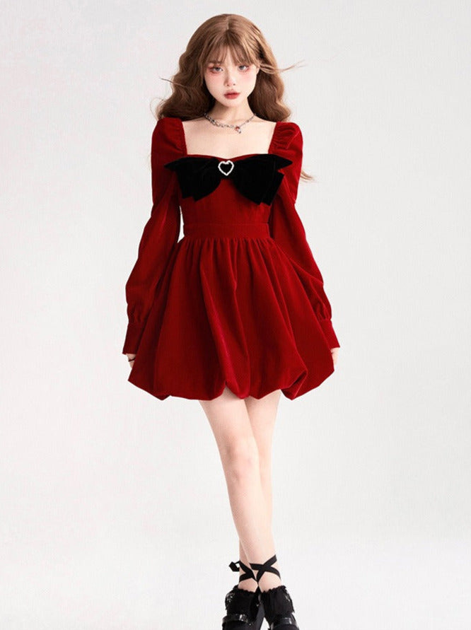 French Retro Velvet Sweet Ribbon Square Neck Dress