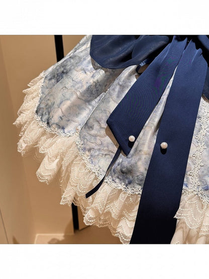 【5月6日予約締切】ダークブルームーンライトシーエレガントレースリボンレイヤードドレス＋アクセサリー