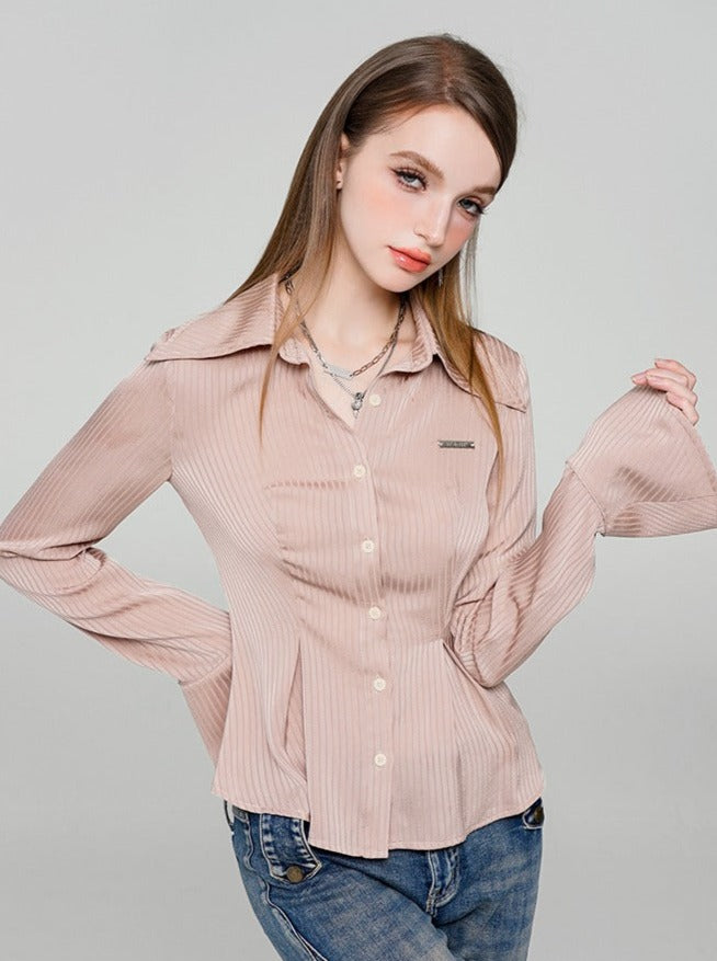 Baby Pink Satin Striped Waist Shirt