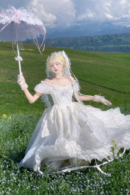 【10月28日予約締切】White Butterfly Gothic Lolita Puff Sleeve Dress Top + Layered Ruffle Asymmetrical Hem Skirt Set (With Chest Brooch + Waist Brooch)