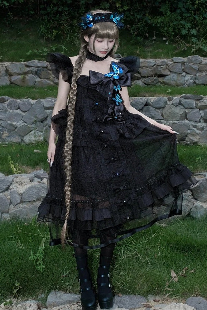 [Vorbestellfrist: 1014] Schwarz/weißes Gothic-Lolita-Set aus Puppenkleid mit Schmetterlingsschleife, Bandkragen und Flatterärmeln + Puppenkleid mit eckigem Ausschnitt und Flatterärmeln