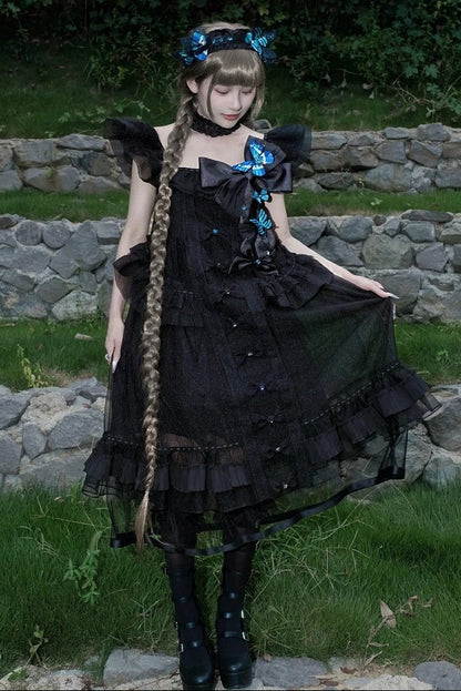 [Vorbestellfrist: 1014] Schwarz/weißes Gothic-Lolita-Set aus Puppenkleid mit Schmetterlingsschleife, Bandkragen und Flatterärmeln + Puppenkleid mit eckigem Ausschnitt und Flatterärmeln