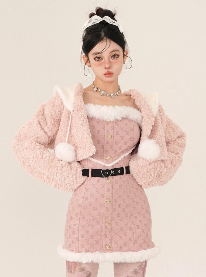 Tube Top Suspender Dress + Fur Pompom Short Coat [Reserved Item