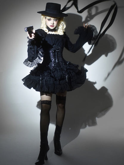 【1月29日予約締切】ブラックホワイトゴシックジャカードレースアップコルセット＋ドロストフリルスカート