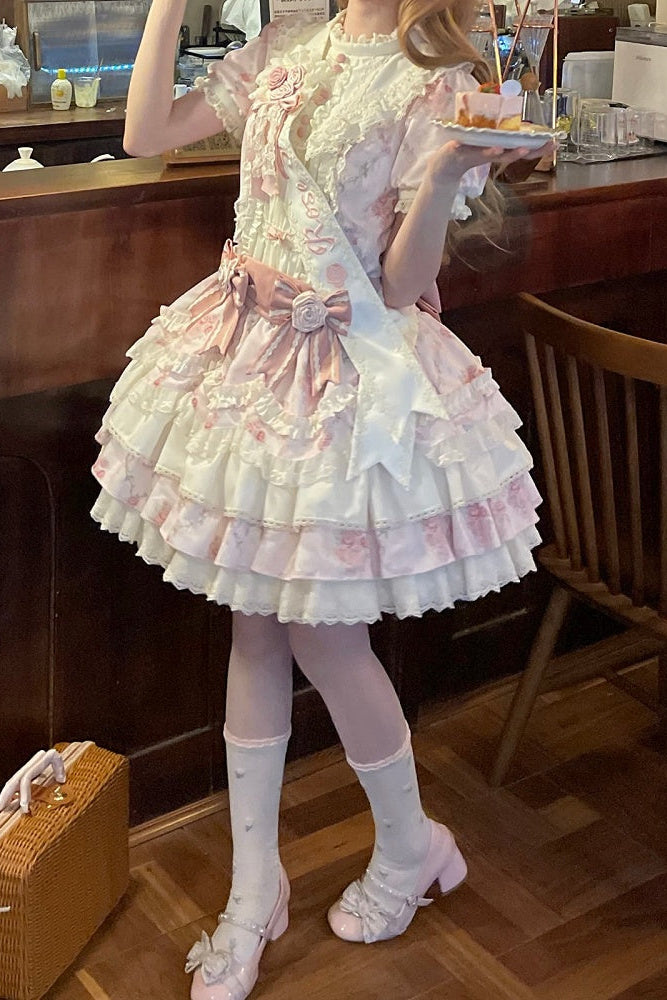 [Reservierungsschluss 7. September] Pink-blaues süßes Lolita-Stufenkleid mit romantischem Rosenprint