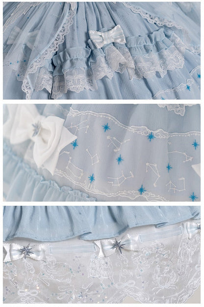 [Vorbestellschluss: 9.23] Klassisches Lolita-Kleid in Hellblau/Dunkelblau mit Himmelsstern-Stickerei, Glockenärmeln, Tülllagen und Schleife