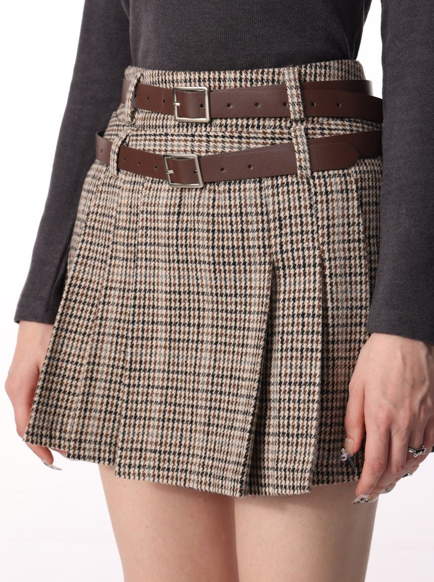 Wool Staggered Lattice High Waist Pleated Skirt