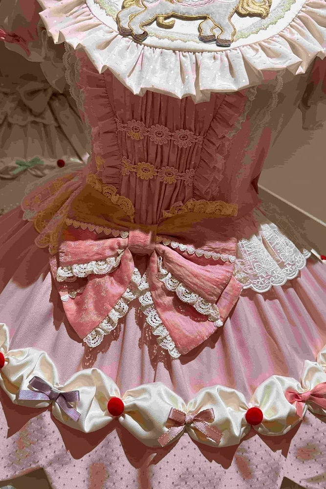 【8月20日予約締切】ピンク×パステルスイートロリータエンブロイダリーフリルリボンティアードドレス