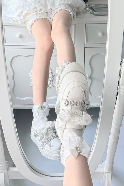 【10月6日予約締切】White/Pink/Black Rhinestone Buckle Lace Cross Charm Ribbon Chunky Sneakers