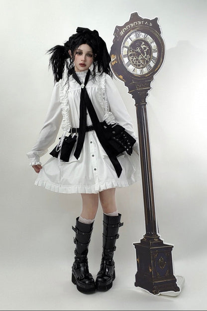 【11月6日予約締切】White/Black Gothic Lolita Drawstring Frill Strap Doll Dress