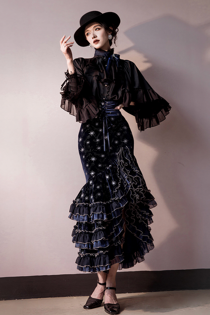[Reservierungsschluss 1. Juni] Dunkelblau/rosa Atlantis Dark-Fantasy-Lolita-Sternenperlen-Bustierkorsett + prächtiger Rüschen-Meerjungfrauenrock