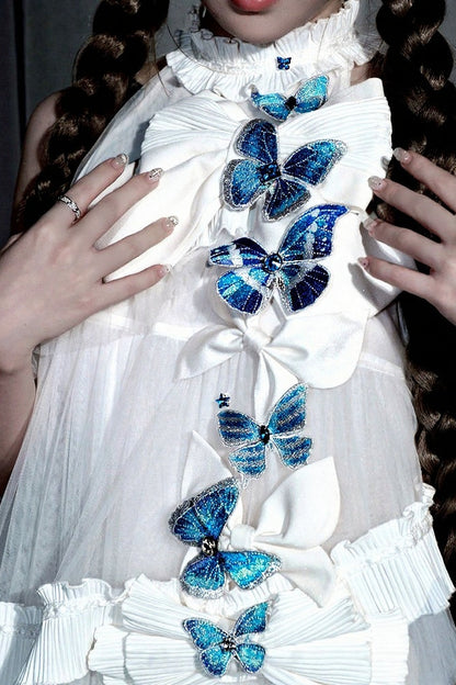 [Pre-order Deadline: October 14] Black/White Gothic Lolita Blue Butterfly Bow Tulle Ruffle Layered Halter Dress