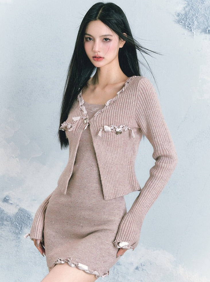 Pure Last Beaded Ribbed Knit Cardigan + Tight Camisole Dress