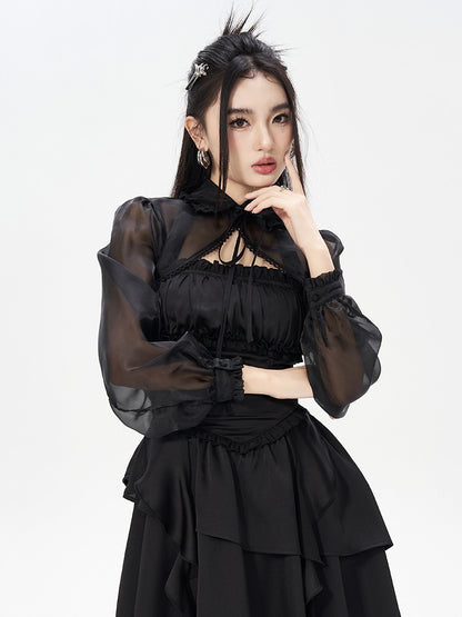 Sheer Lantern Sleeve Black Chiffon Short Jacket