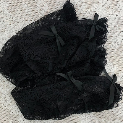 [Reservierungsschluss 15. Juli] Schwarz-rosa gestreiftes Kleid mit Spitzenumhang und Krawatte + kurze Hose + Spitzen-Armstulpen