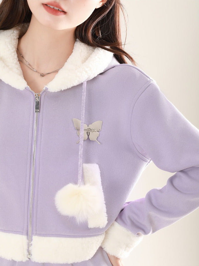 Fur Ball Hoodie Purple Zip Sweat Jacket + Skirt