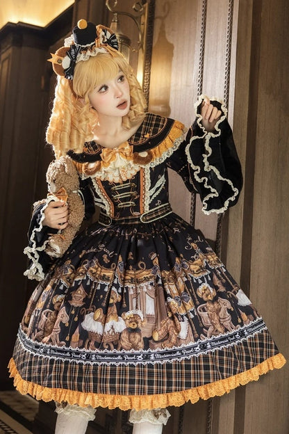 [Reservierungsschluss 8. September] Classic Bear Lolita-Stufenkleid mit weißem Kragen, Karomuster, Spitze und Schleife+Vintage-JSK-Kleid mit Teddybär-Print und Spitze+Vintage-Lolita-Kleid mit Teddybär-Print, Karokragen und klassischem Karomuster