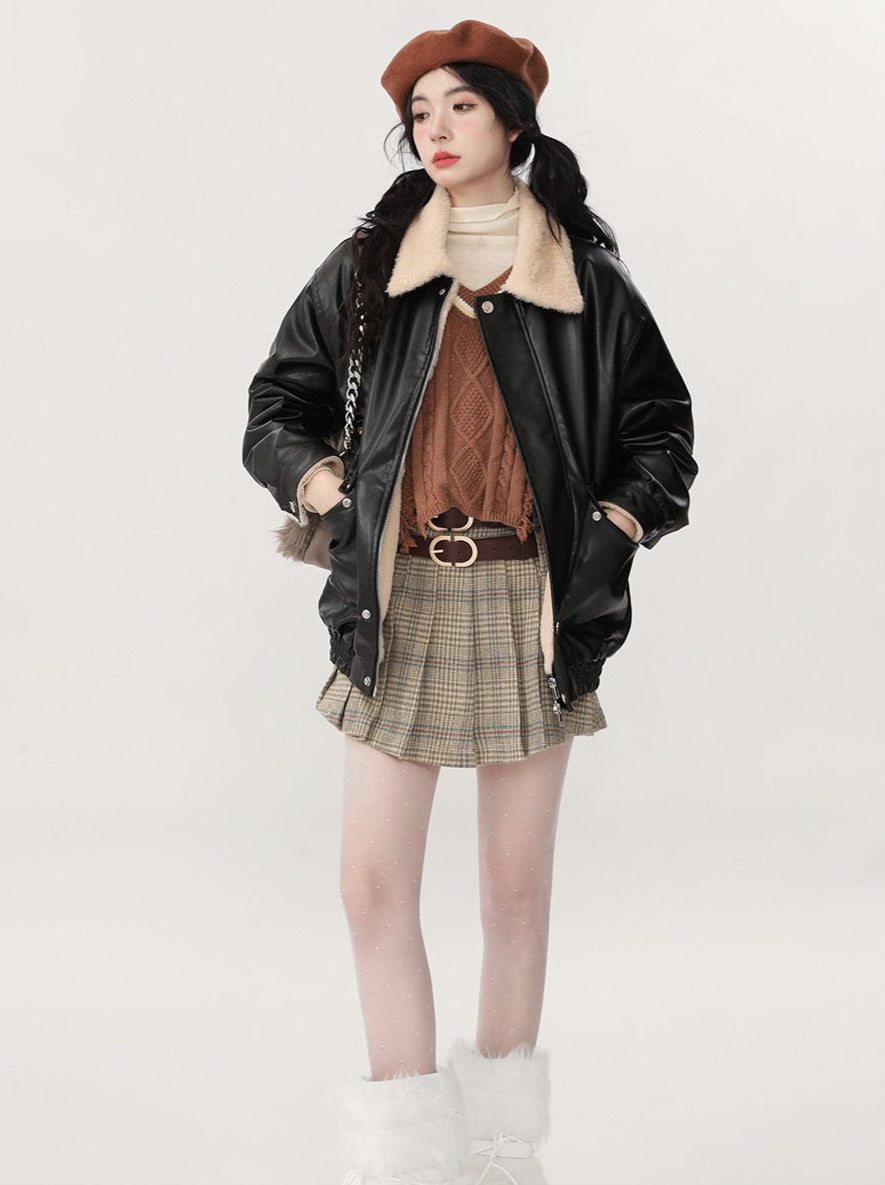 New Retro Loose Fleece Faux Leather Lamb Wool Jacket