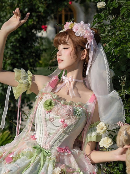 [Reservierungsschluss 108] Pink x Green süße Blumenserie Accessoires (Blumenkranz-Kopfschmuck mit Schleier / Ärmelpaar (abnehmbare Ärmel) / Choker)